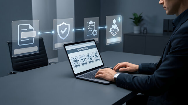 Employee Onboarding Process, Professional Managing Digital Workflow with Holographic Icons, Integrated Laptop Screen with HR Software, Modern Corporate Office Desk, Recruiting Service Marketing
