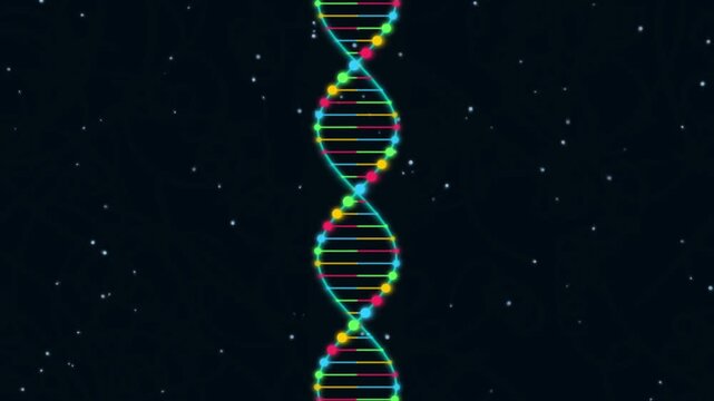 Dynamic DNA double helix animation representing genetic code and scientific discovery in a vibrant digital representation against a cosmic background, illustrating molecular structure