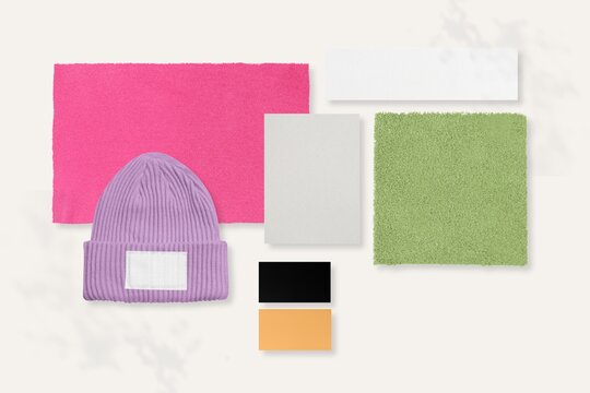 Colorful beanie mockup with blank cards on marble background