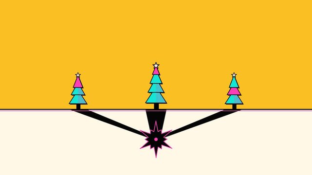 Minimalist 2D animation of stylized Christmas trees on yellow