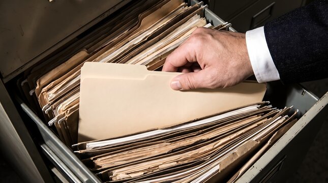 Businessman hand pulling a manila folder from a packed metal filing cabinet drawer