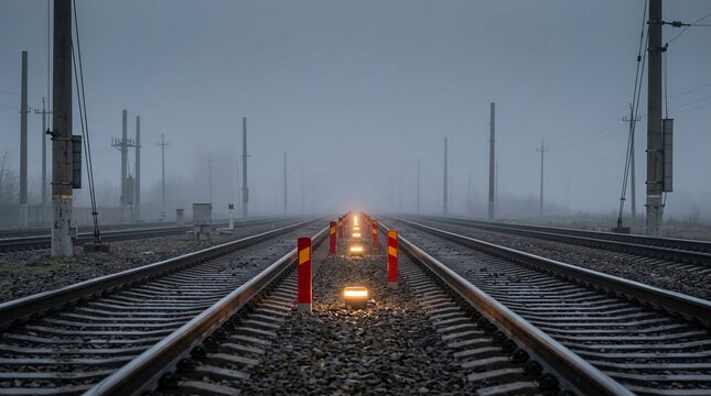 Foggy railway tracks disappearing into the distance with glowing lights and industrial poles
