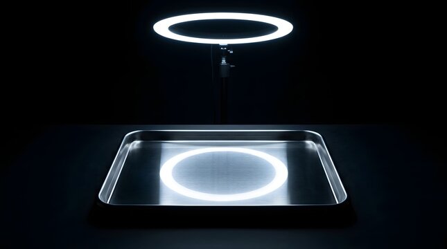 Empty sterile metal tray illuminated by a glowing ring in a dark room representing medical examination and rigorous forensic scientific investigation