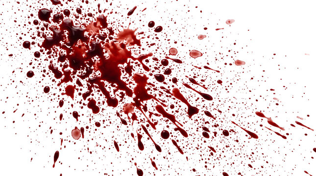 A chaotic red blood splatter explosion with scattered glossy droplets and fluid streaks as a PNG isolated on a transparent background for design