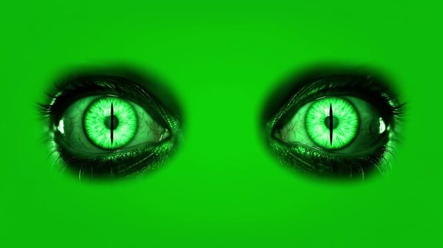 Glow green cat eyes blink on chroma key background for creepy monster or animal halloween visual fx.