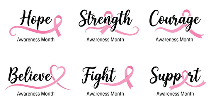 Set of inspirational typography designs for breast cancer awareness month featuring pink ribbons and motivational words for support