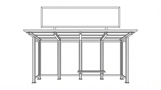 Bus Stop Shelter with Large Blank Billboard Mockup Wireframe 3D Line Art Illustration