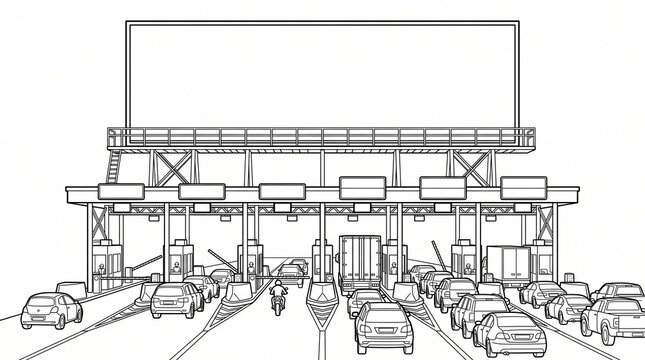Highway Toll Plaza Line Art Illustration with Large Empty Billboard and Traffic for Coloring Book