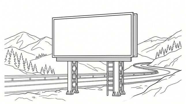 Blank Billboard on Highway with Mountain Landscape Line Art Illustration for Coloring Page