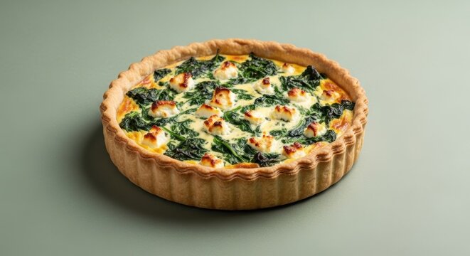Fresh homemade spinach and vegetable quiche in a golden crispy pastry crust for a delicious healthy breakfast or lunch meal