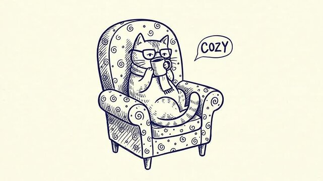 Cute animated cat wearing glasses and scarf relaxing in cozy armchair