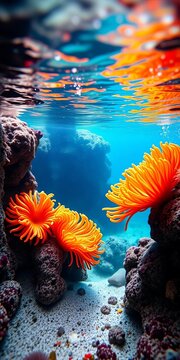 Vibrant orange sea anemones sway gently in the ocean current, sea life, water movement