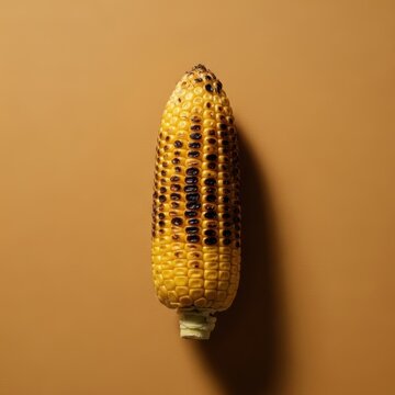 A single piece of grilled yellow corn cob with charred kernels on a plain brown background