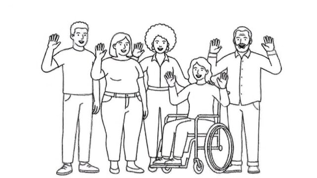 Diverse group of sketched people waving hello in a line drawing animation