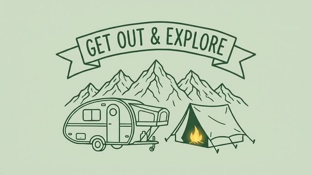 Animated camping scene with trailer tent and mountains under text banner