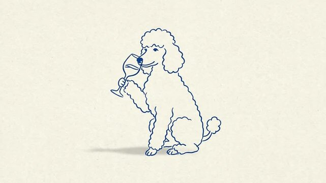 Blue line art animation of a poodle holding a wine glass