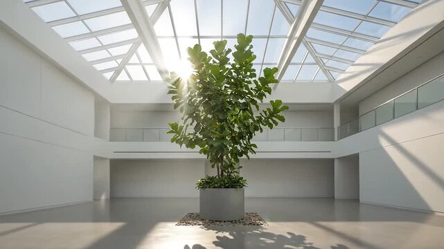 Large potted plant in modern sunlit atrium with glass skylight roof