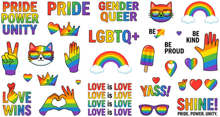 Fototapeta premium Colorful Rainbow Pride Equality Vector Sticker Set with Text and Symbols