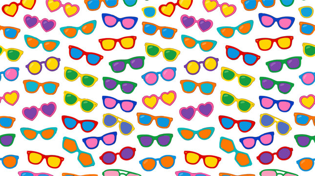 Colorful summer sunglasses seamless pattern with various fun frames for beach wallpaper and textile design background vector