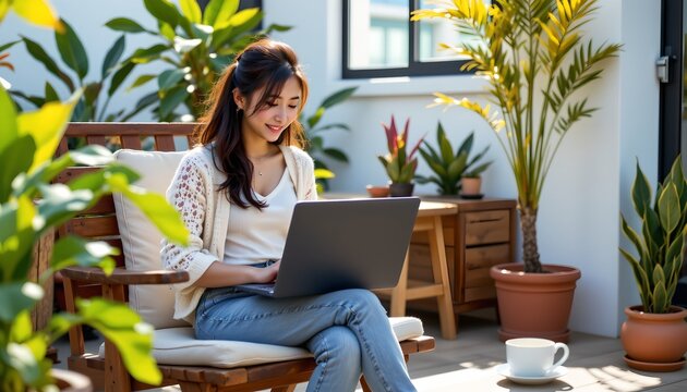 A young woman is sitting comfortably on a wooden bench with cushions, working on a laptop