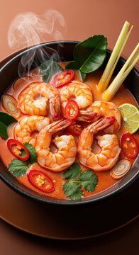 Delicious spicy thai tom yum soup with fresh prawns, lemongrass, chili, and kaffir lime leaves served in a black bowl for a traditional asian meal experience