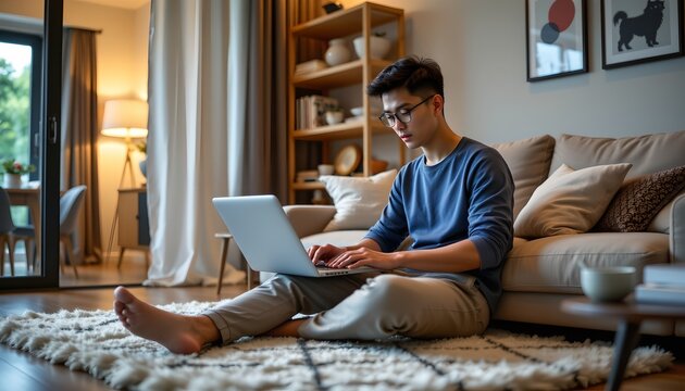 A young man is sitting on a cozy rug in a living room, working on a laptop placed on his lap. He is barefoot, wearing glasses, a blue long sleeve shirt, and beige pants