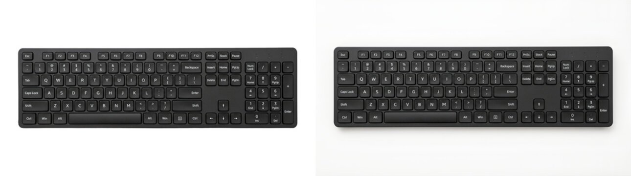 Keyboard with black matte keys and full numeric keypad layout as a PNG isolated on a transparent background for commercial product design use