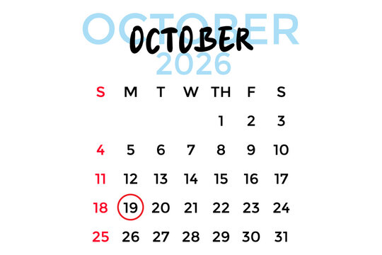 October 19, 2026 calendar, pastel blue on a white background