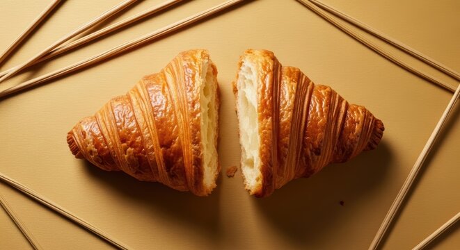Fresh baked croissant cut in half with colorful glaze topping on a modern beige surface with geometric lines for a minimalist bakery food photography concept