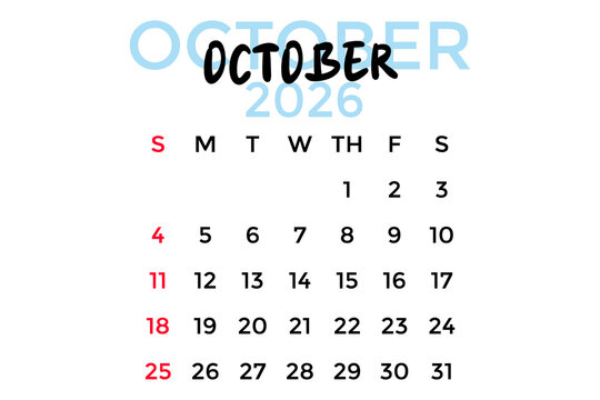 October 2026 calendar, pastel blue on a white background