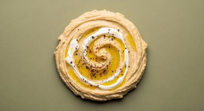 Fresh creamy hummus dip served in a bowl with olive oil and spices