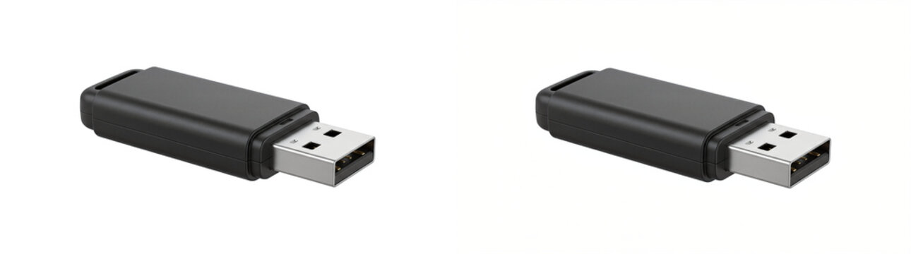 USB flash drive with black plastic body and metal connector as a PNG isolated on a transparent background for commercial product design use