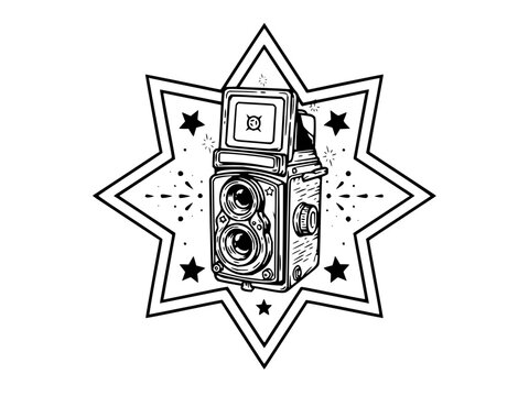 Retro twin lens reflex camera vector illustration placed within a decorative double star border