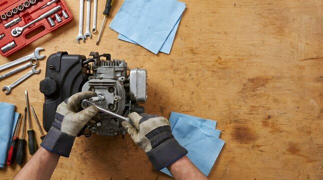 Overhead shot of hands in gloves using a socket wrench to fix a small engine on a wooden workbench with tools.