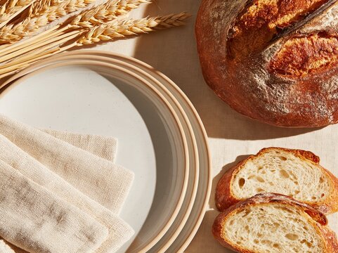 Overhead still life of rustic crusty bread, sliced loaf, wheat stalks, ceramic plate, and folded beige linen napkin arranged on a warm textured surface in a natural food composition