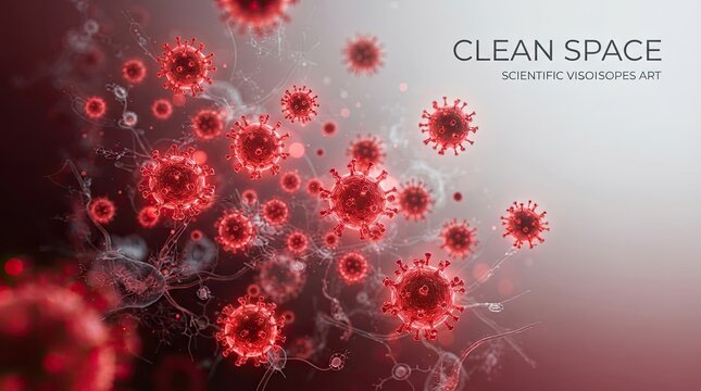 A digital artwork depicts a clean space with numerous red, virus-like particles suspended in a blurred background.
