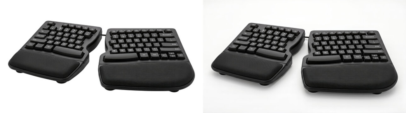 Keyboard with black split layout and cushioned wrist rests as a PNG isolated on a transparent background for commercial product design use