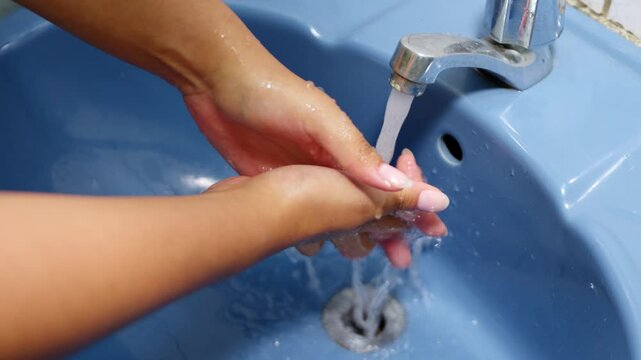 Woman washing hands with running water in a blue sink