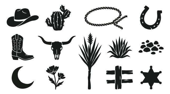 Vintage wild west icons set, black cowboy silhouette elements, rustic western desert graphics, 12 vector illustrations for ranch branding