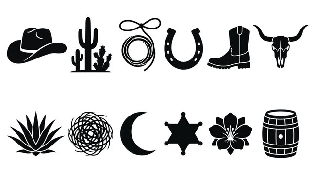 Wild West vector icon set, black cowboy silhouettes and desert elements, 12 western symbols including cactus, horseshoe, and sheriff star