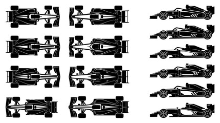 Fototapeta premium Set of black silhouette icons of formula one racing cars in different views