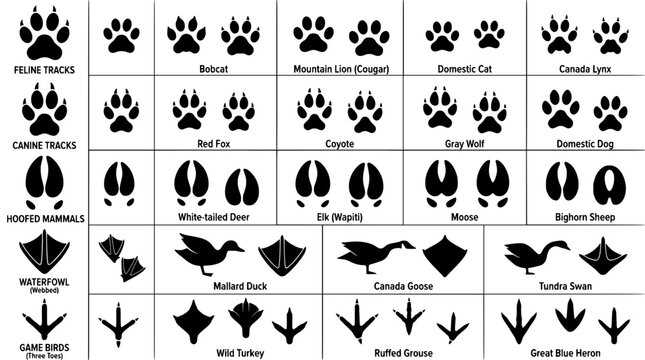 Educational chart featuring various animal footprint silhouettes for wildlife tracking and identification