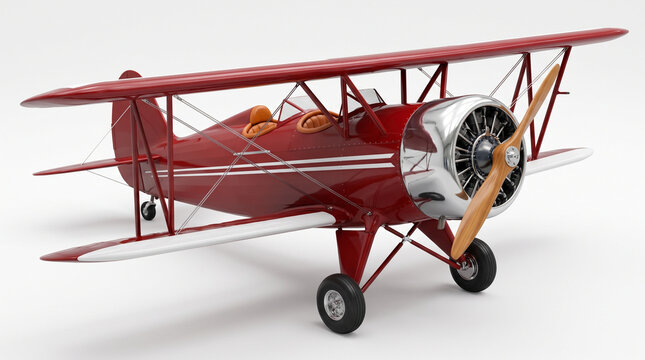 Vintage red biplane aircraft with a wooden propeller isolated on a white background