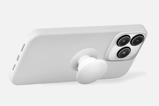 White smartphone case with magnetic pop socket on clean background