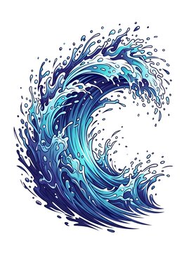 Stylized ocean wave illustration with blue water splashes, dynamic sea surf cresting on white background, decorative nautical wave graphic
