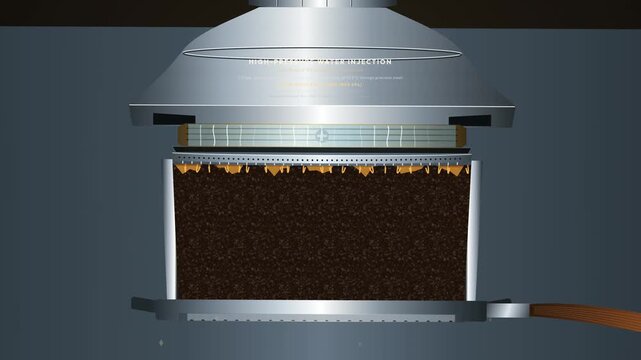 Animation of espresso extraction process detailing high pressure water injection, Darcy percolation, lipid dissolution, micrometric orifice breakthrough, and viscous crema jet formation into a glass