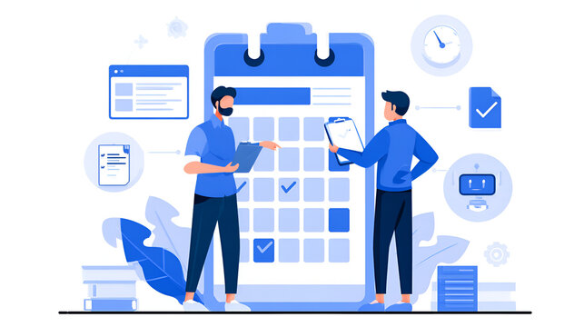 AI Scheduling Calendar and Workflow Automation System Concept. Person using digital planner, task reminder, chatbot assistant, automation tools, workflow planning, smart productivity management system