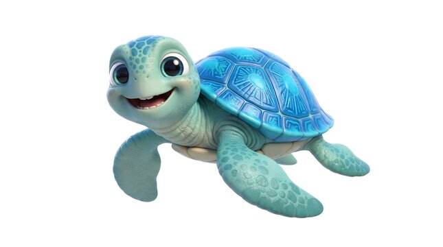 Adorable baby sea turtle character with blue shell, cute 3D cartoon turtle illustration, friendly aquatic animal mascot isolated on white background
