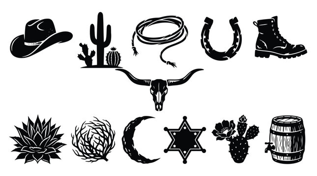 Vintage Western Cowboy Icons Set, Black Silhouette Wild West Vector Elements, Rustic Desert Ranch Illustrations with Bull Skull and Cactus