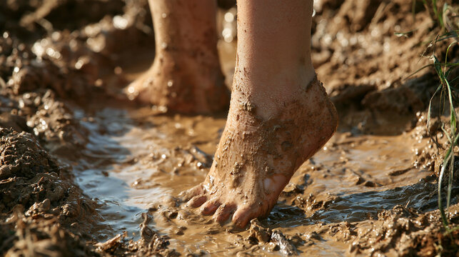 Barefoot feet walking in mud 